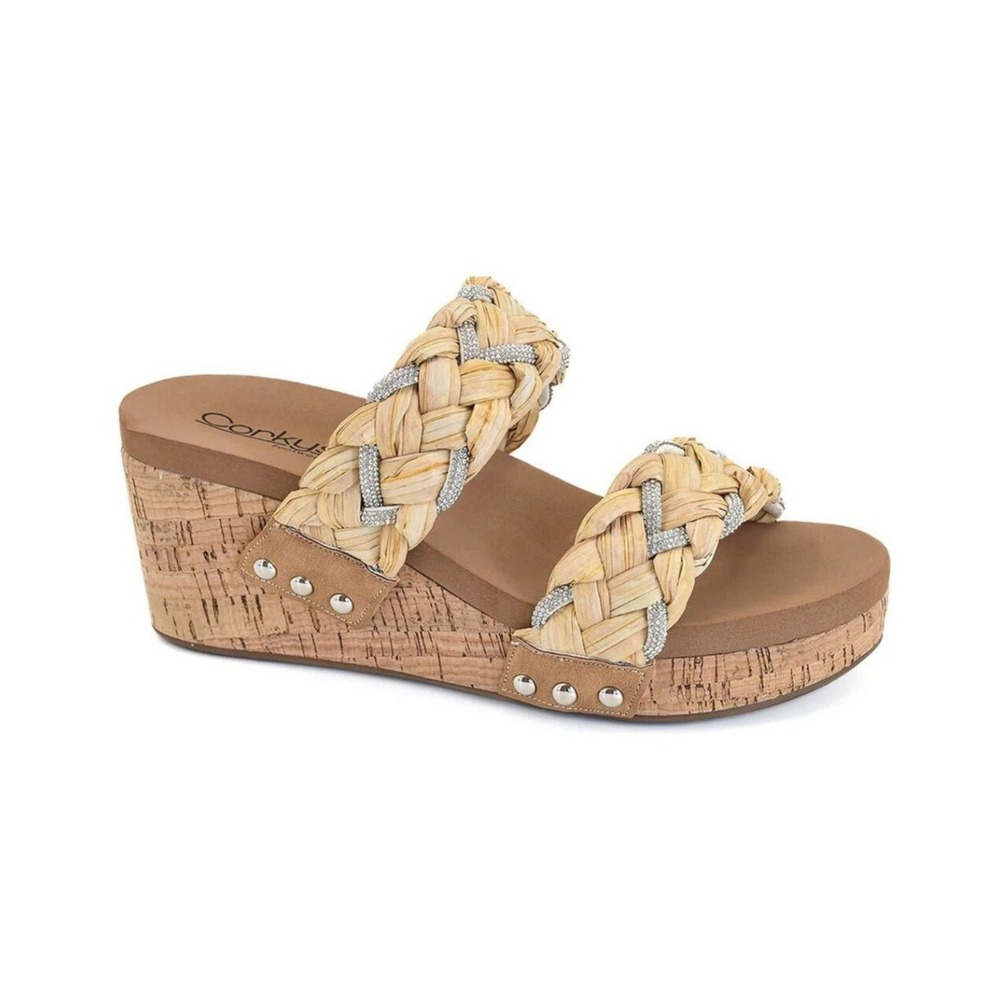 CORKYS Total Knockout Raffia Rhinestone Bling Slip On Wedge Sandals Size 10 NWT